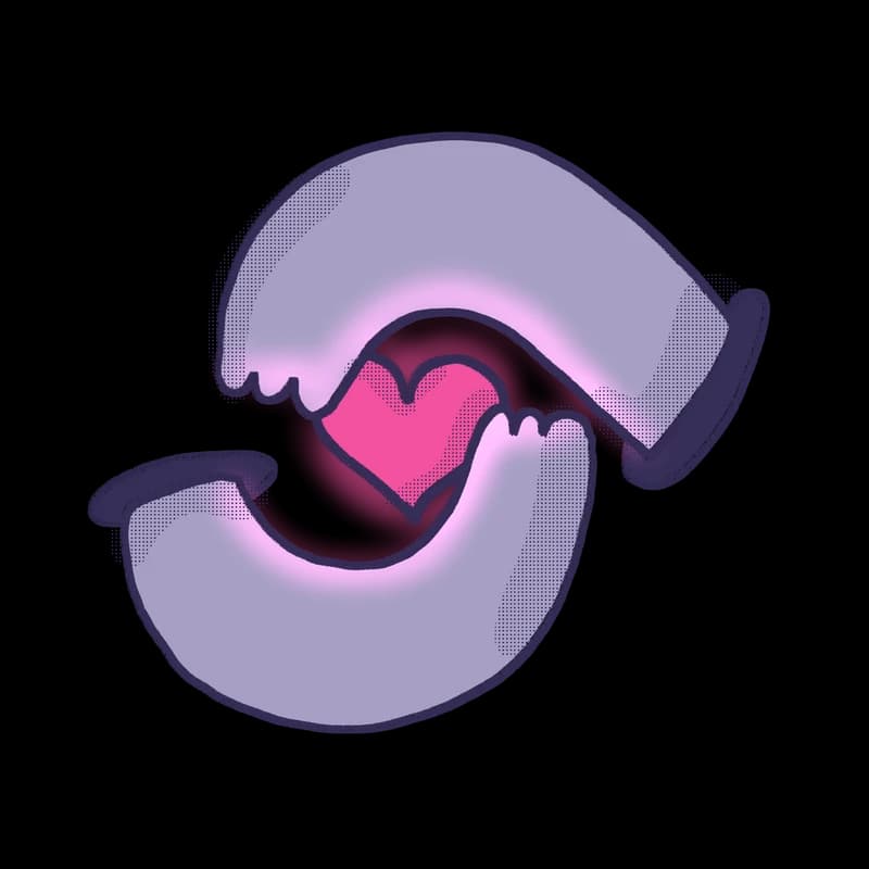 Illustration of two cupped hands meeting around a pink heart